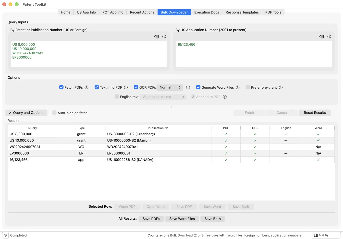 Patent Toolkit's Bulk Downloader showing US, WO and EP publications and a US application number in one batch, each with PDF, OCR and Word columns ticked